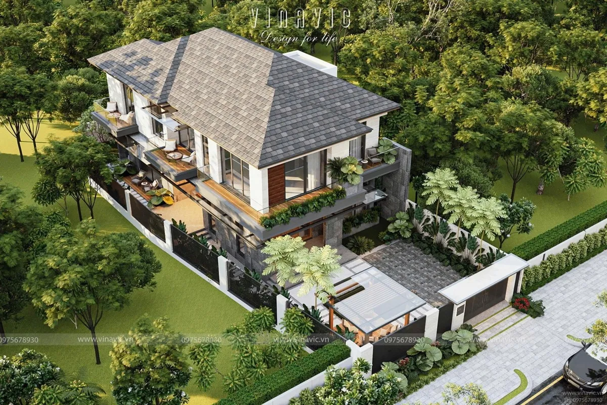Thiết kế biệt thự hiện đại mái Nhật hình khối tối giản