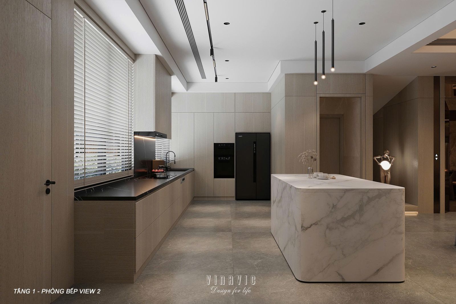 Vách TV đá vân marble tạo điểm nhấn sang trọng.