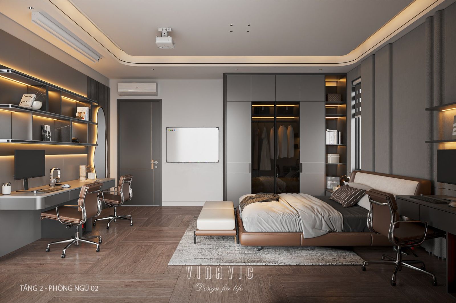 Phòng ngủ 02 có đầy đủ bàn làm việc, tủ quần áo, tủ decor...