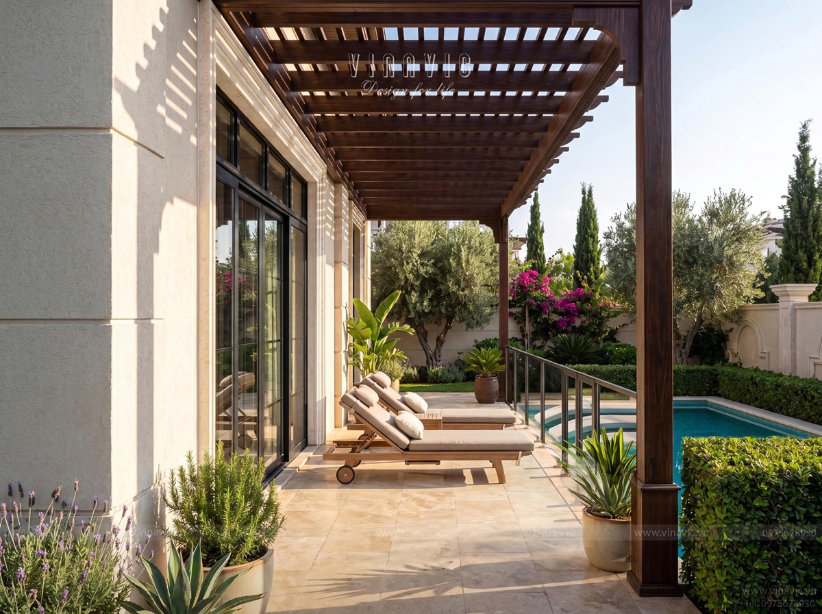 Hệ hiên và pergola trải dài bên hồ bơi