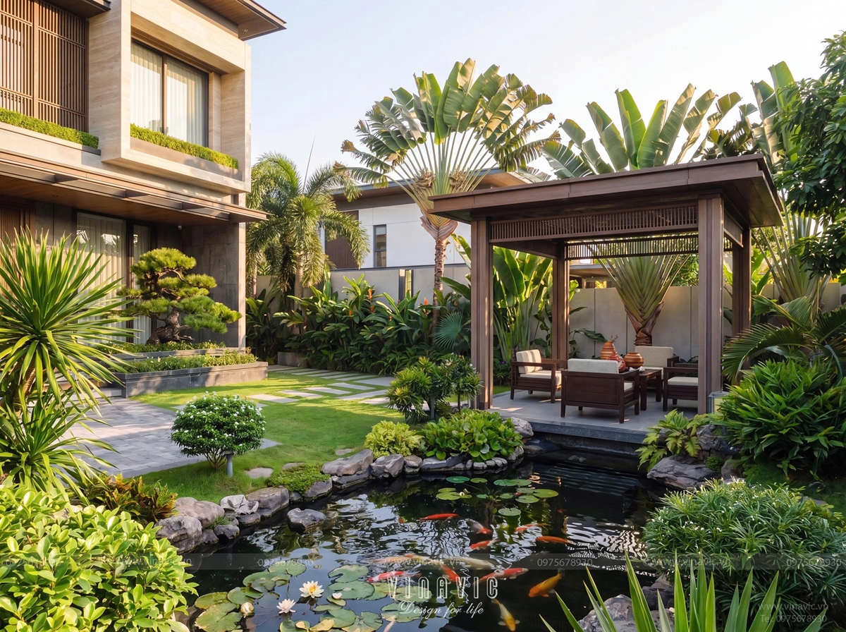 Tiểu cảnh hồ Koi trong sân vườn biệt thự