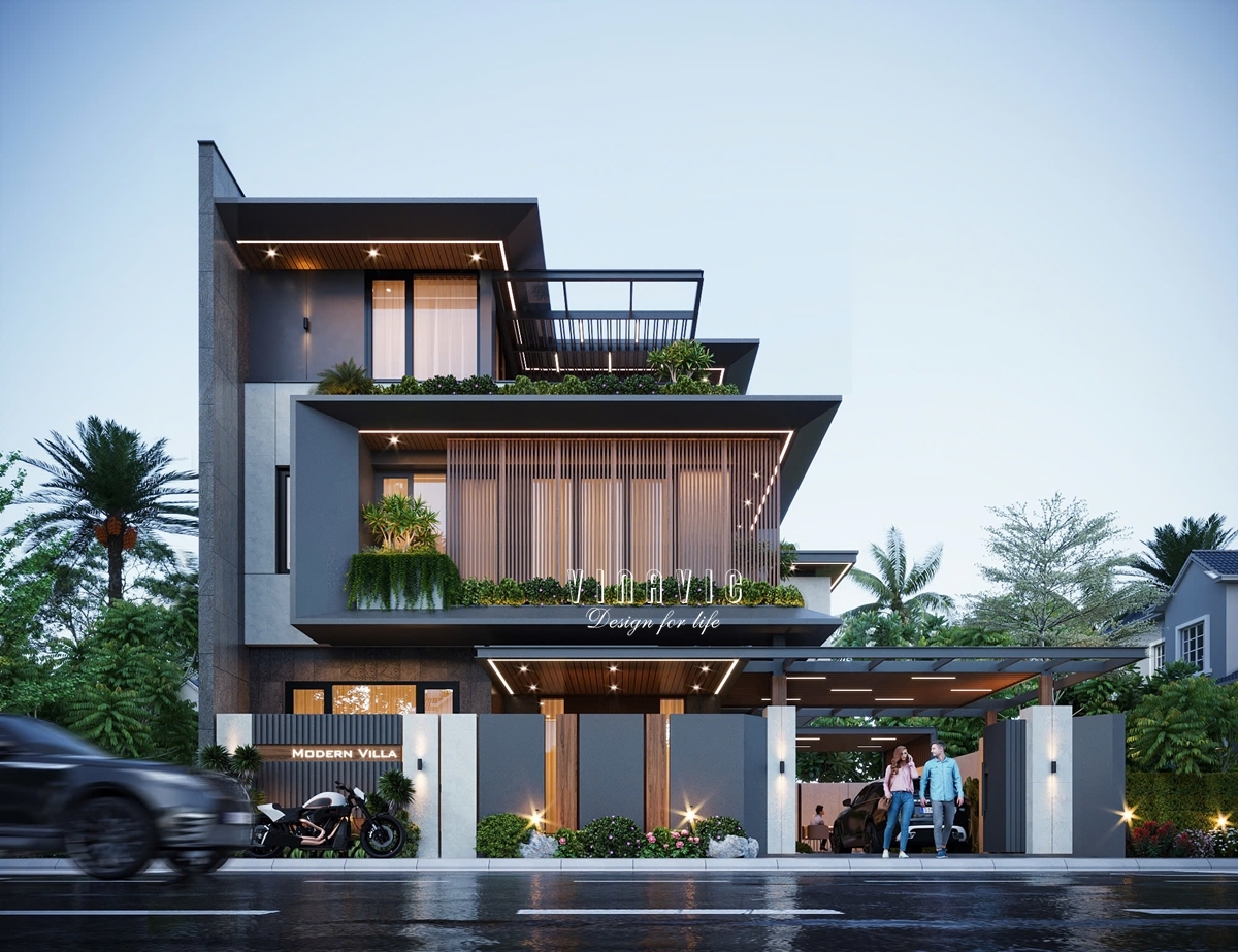 Mặt tiền biệt thự hiện đại 256m2 nổi bật với kiến trúc nhiều lớp