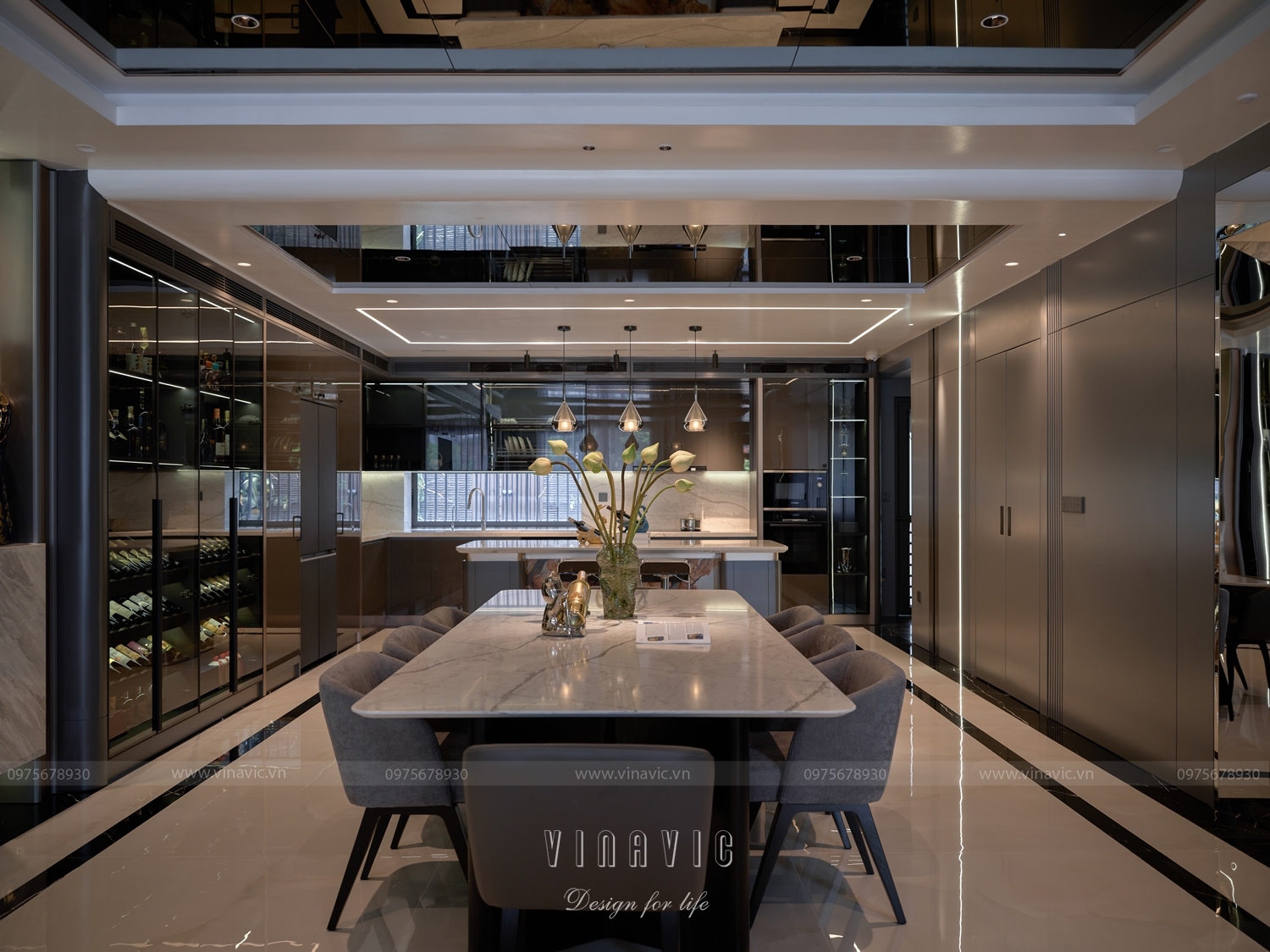 Bàn ăn lớn với mặt đá Marble vân tự nhiên