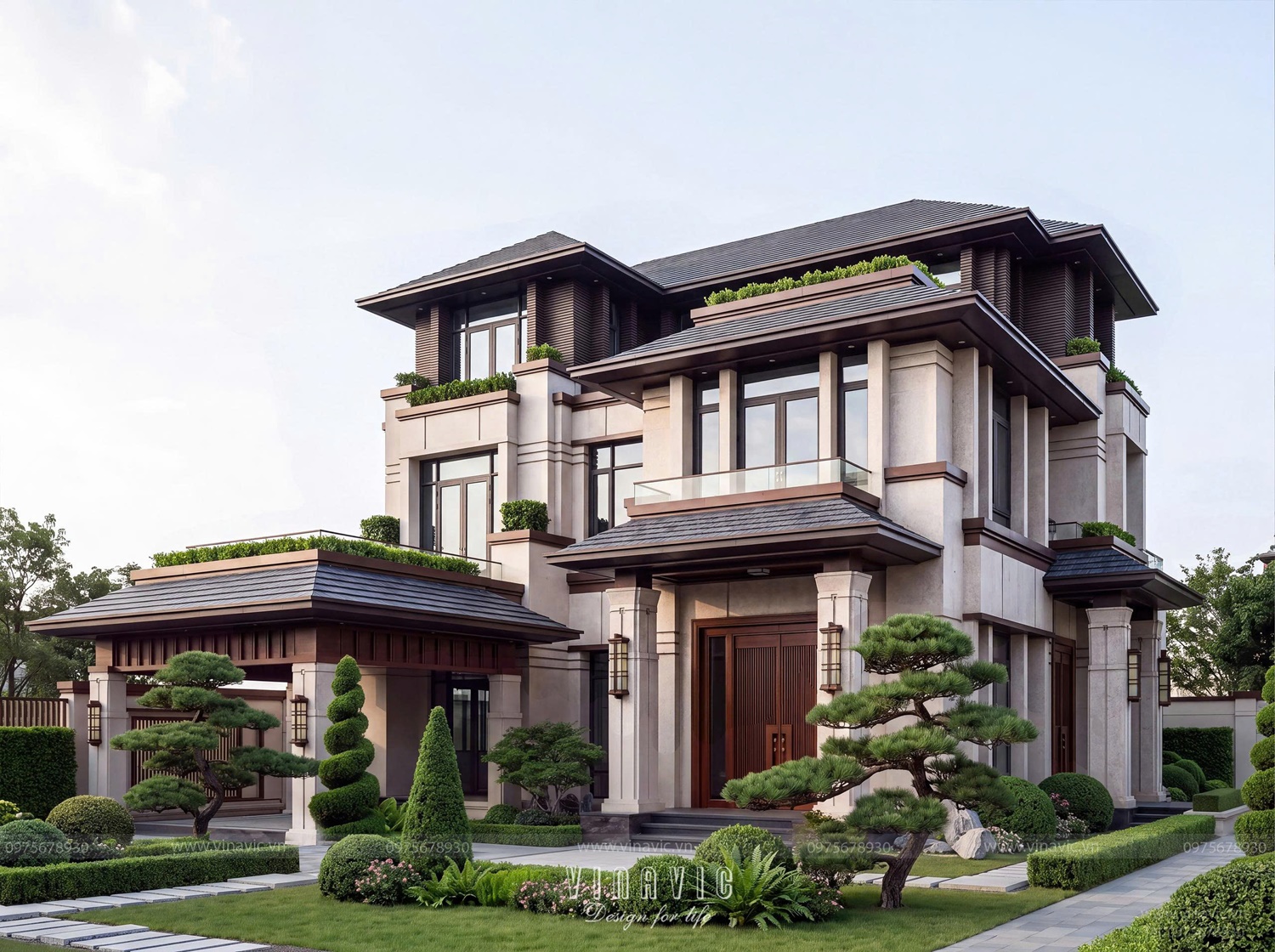 Mái Nhật xếp lớp ở nhiều phân độ khác nhau tạo điểm nhấn cho hình khối tổng thể
