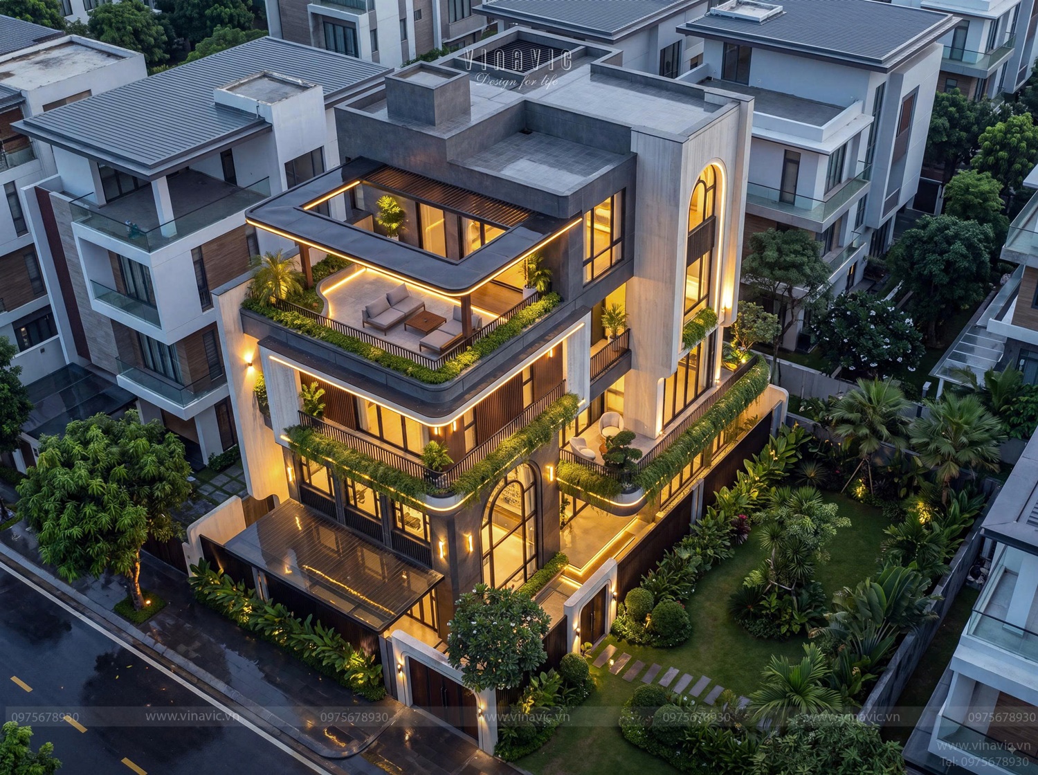 Góc nhìn từ trên cao biệt thự hiện đại 4 tầng mái bằng