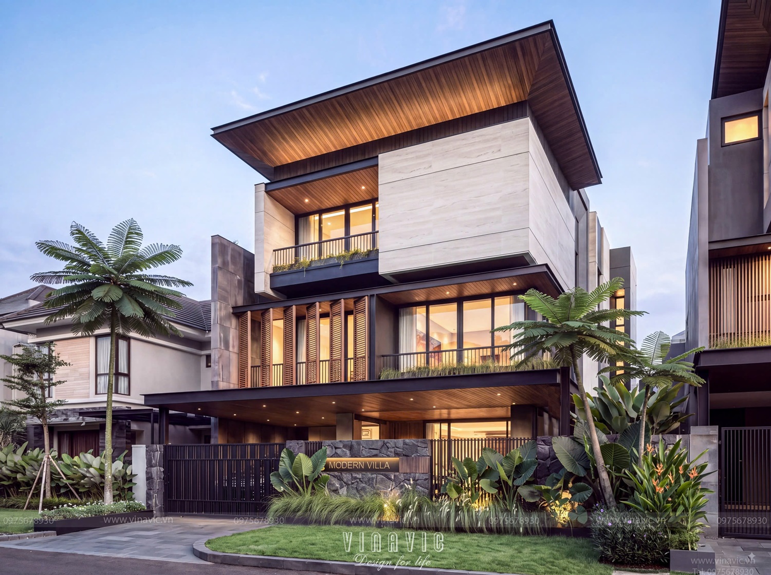 Hệ mái đua kết hợp cùng các mảng lam đứng ở mặt tiền của biệt thự hiện đại