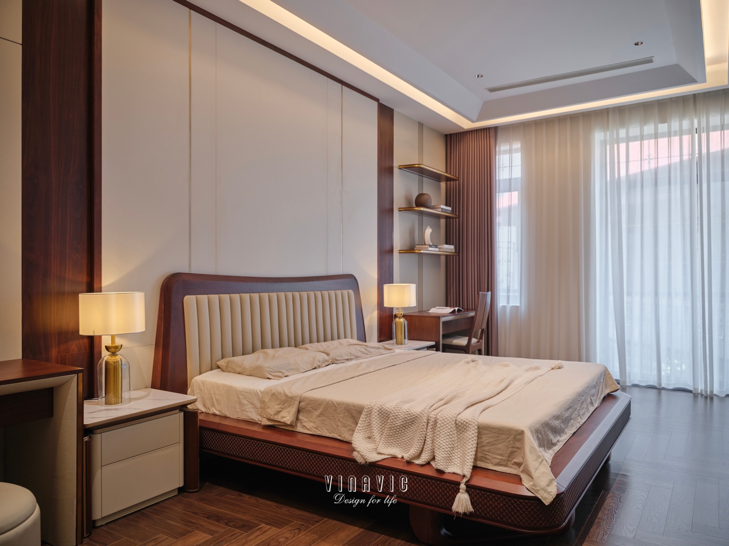 Cận chất gỗ giường ngủ với vân gỗ rõ nét và bề mặt hoàn thiện tinh tế