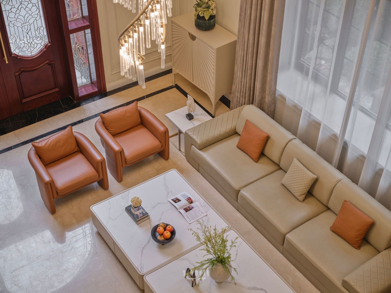 Sofa da cao cấp hoàn thiện nội thất phòng khách sang trọng