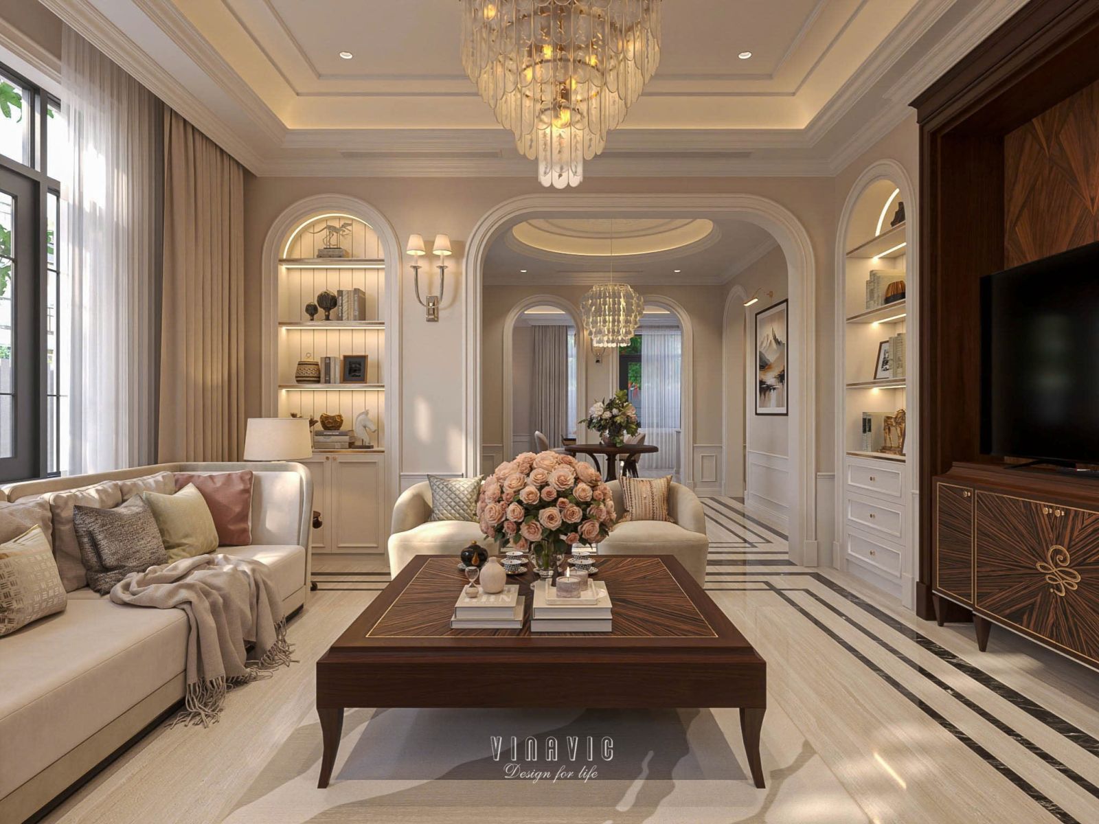 Gỗ và sofa kết hợp tạo điểm nhấn phòng khách