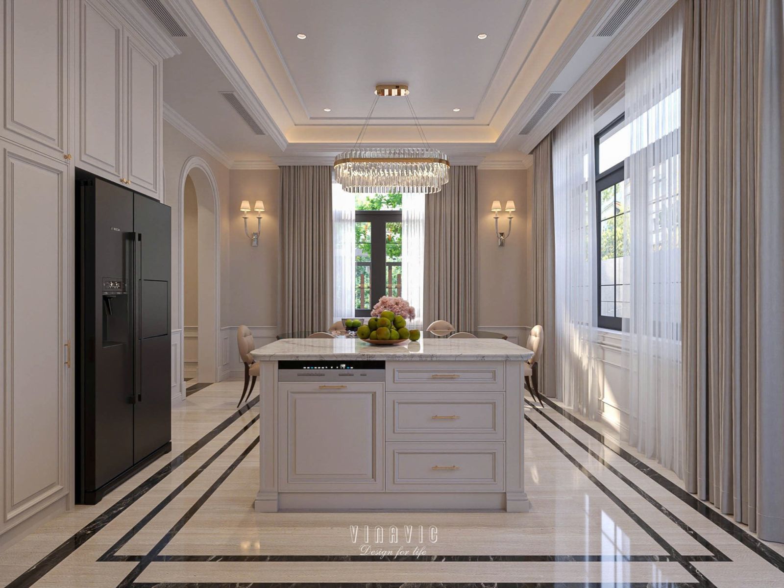 Bàn đảo bếp trung tâm với mặt đá sáng, tạo điểm nhấn cho không gian bếp – ăn tân cổ điển