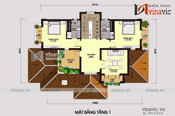 Bản vẽ mặt bằng tầng 2 của mẫu nhà vuông 2 tầng mái Thái BT1660