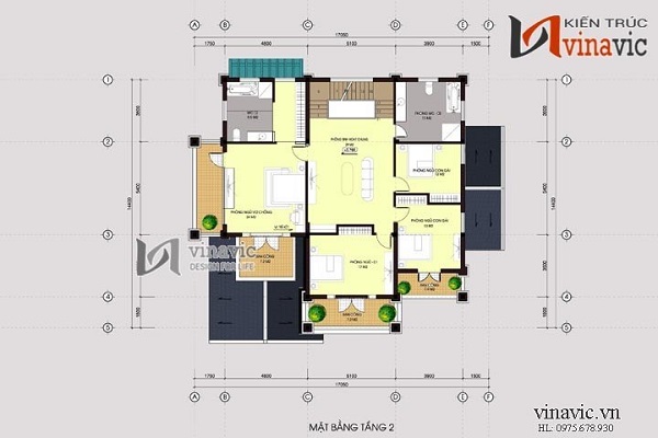 Bảng vẽ mặt bằng tầng 2 của mẫu nhà 2 tầng mái Thái 4 phòng ngủ BT1478