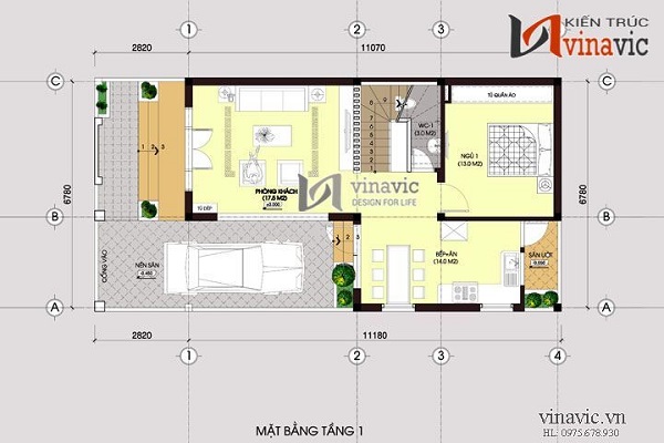 Bảng vẽ mặt bằng tầng 1 của mẫu nhà mái Thái 2 tầng 4 phòng ngủ BT1451 đẹp