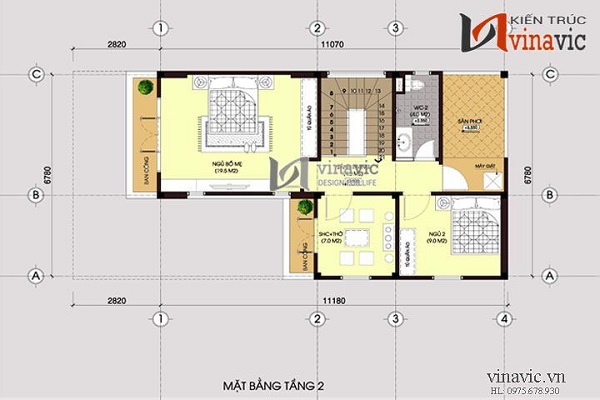 Bảng vẽ mặt bằng tầng 2 của mẫu nhà mái Thái 2 tầng 4 phòng ngủ BT1451 đẹp