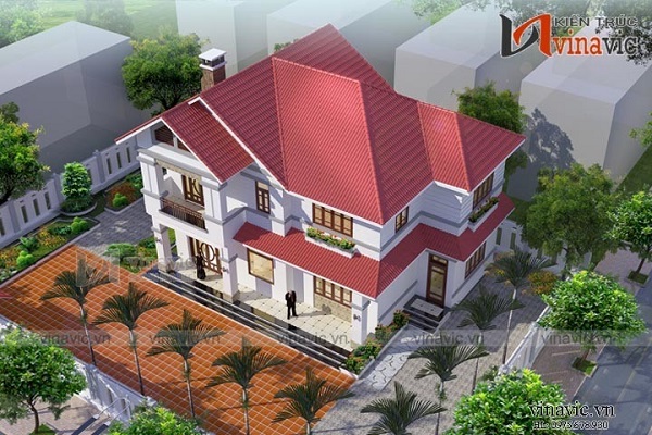 Mẫu biệt thự 2 tầng mái Thái phối cảnh sân vườn nhẹ nhàng BT1455