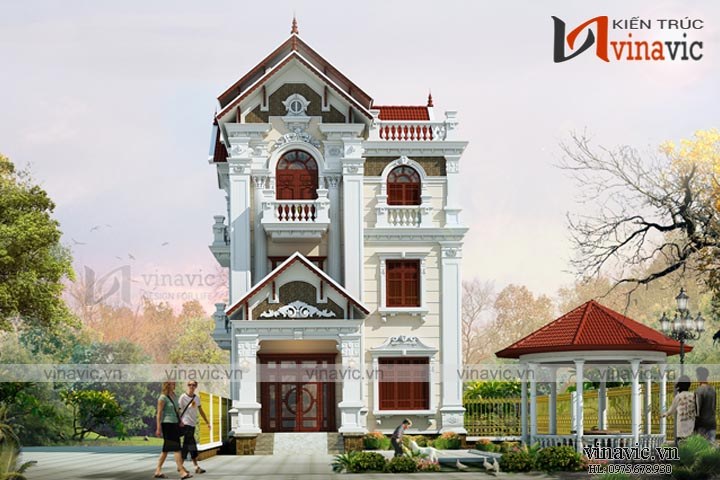 Thiết kế cổ điển cầu kỳ với hệ cột vuông vững chãi kết hợp mái thái đỏ ấn tượng