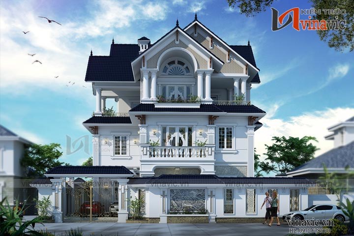 Thiết kế 3 tầng phong cách tân cổ điển với gam màu trắng xanh là chủ đạo thu hút mọi ánh nhìn
