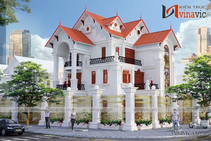 Sân vườn tiểu cảnh là một trong những yếu tố không thể thiếu trong các mẫu biệt thự 3 tầng mái thái đẹp