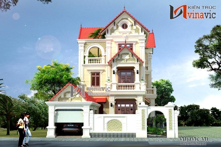 Thiết kế biệt thự có gara ô tô, hệ sân vườn rộng rãi