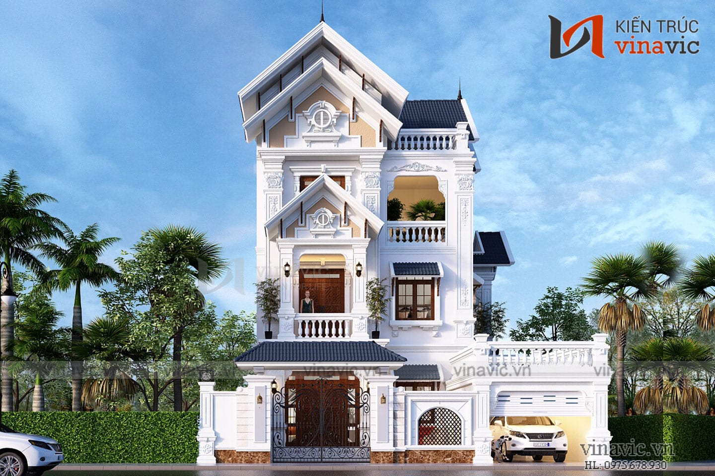 Mẫu nhà phố 3 tầng 8m mặt tiền, có gara ô tô với mái thái kép đẹp mắt