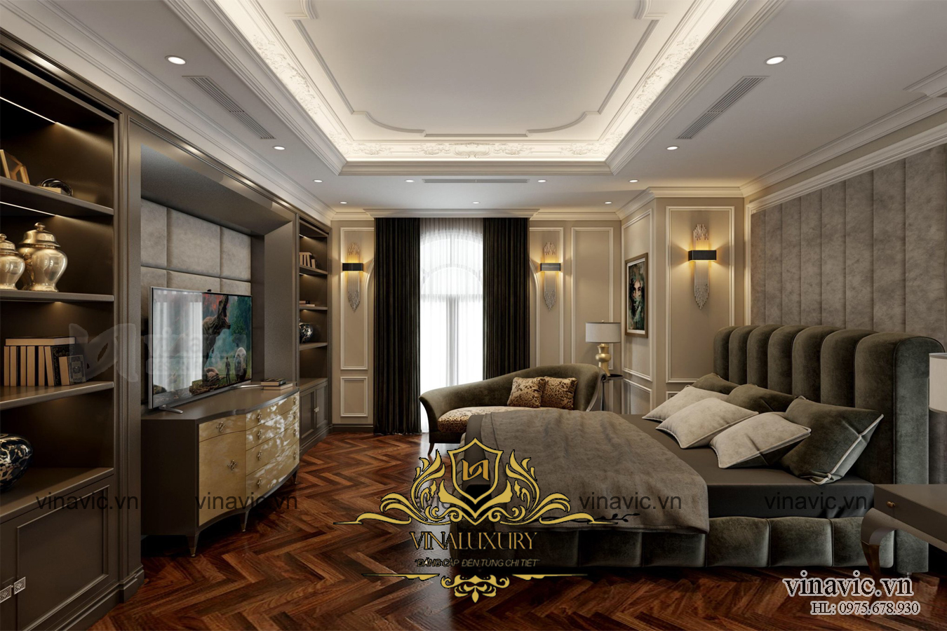 Phòng ngủ với thiết kế nội thất cao cấp với tông màu lạnh