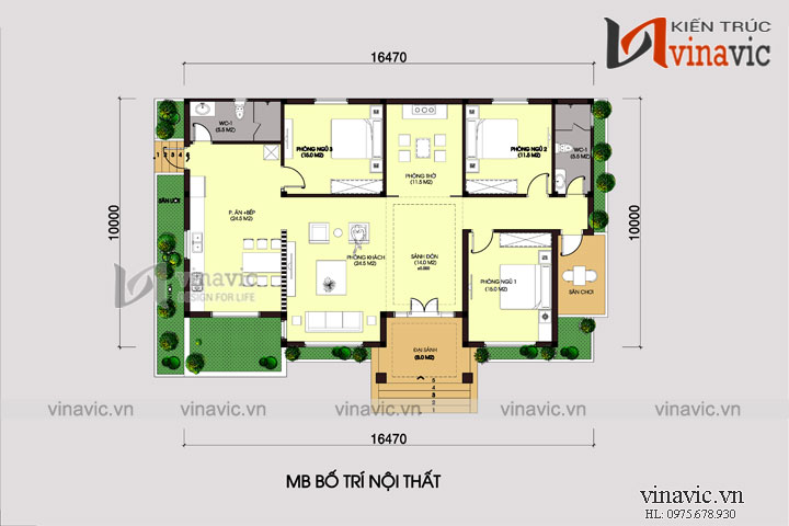 Mặt bằng bố trí nội thất mẫu biệt thự cấp 4 ở nông thôn với 3 phòng ngủ