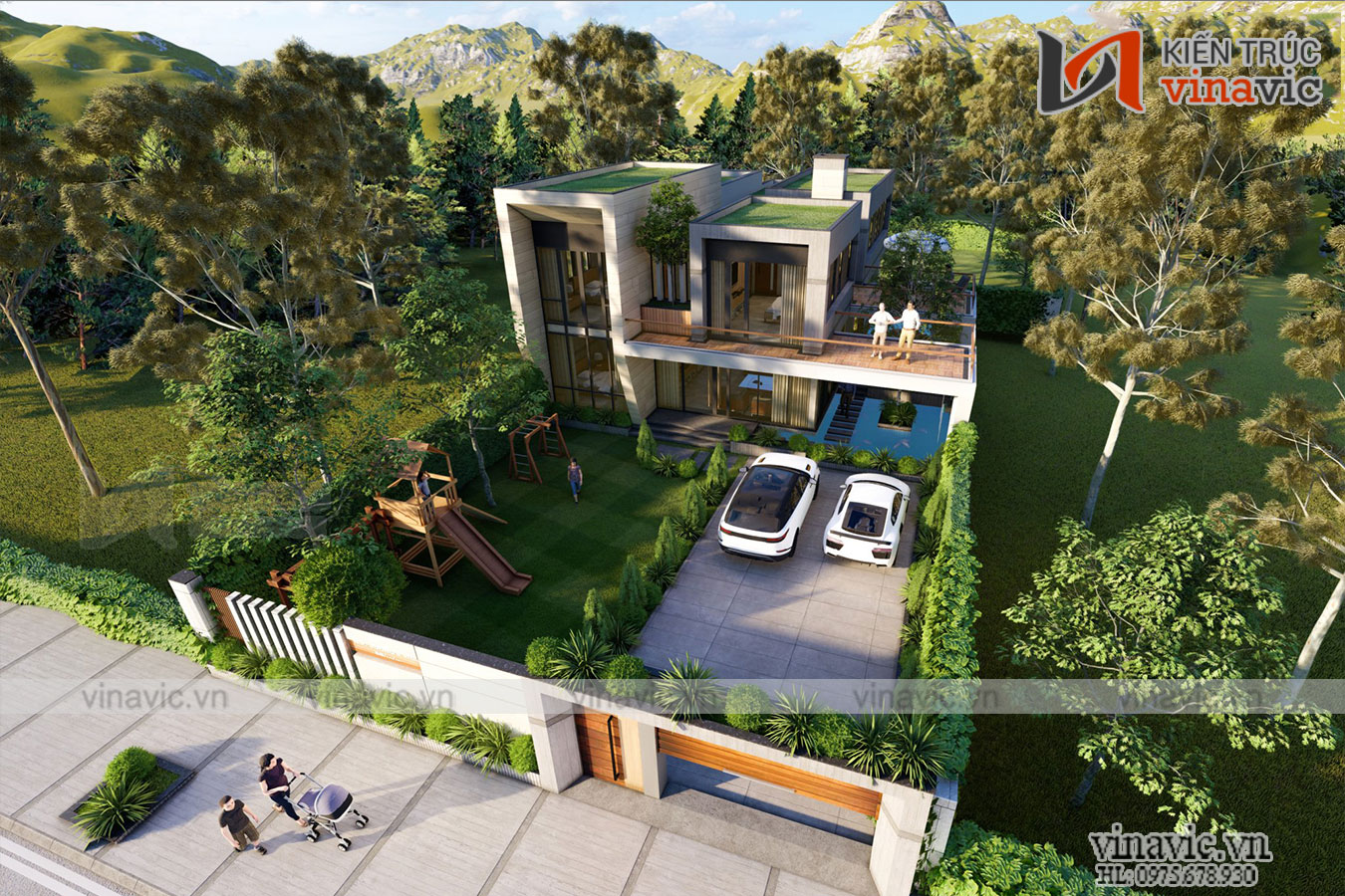 Mẫu biệt thự mái bằng 500m2 2 tầng cùng hồ cá Koi đẹp
