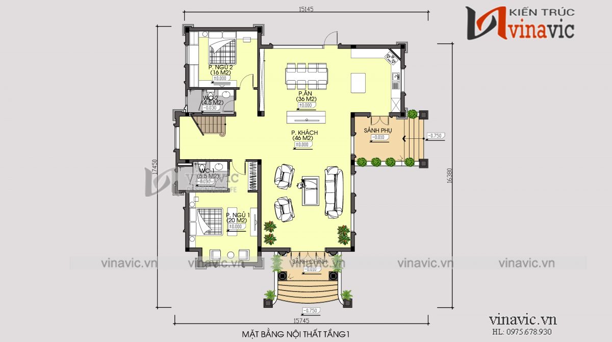 Mặt bằng nội thất tầng 1 gồm: phòng khách, phòng bếp + ăn, 2 phòng ngủ 