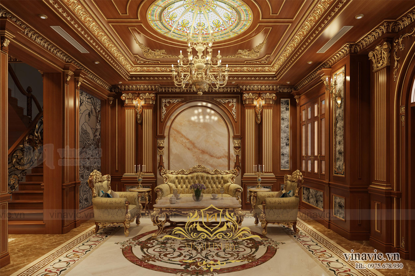 Nội thất phòng khách lâu đài cổ điển ốp gỗ màu nâu trầm, đá tự nhiên, cùng họa tiết mạ vàng bắt mắt