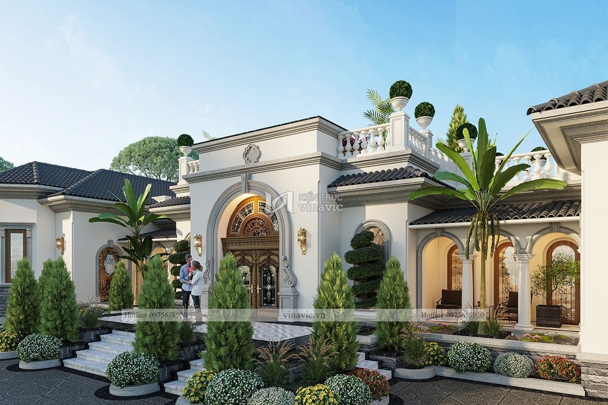 Cận cảnh sảnh chính, thiết kế hành lang, sân vườn mẫu villa 1 tầng đẹp