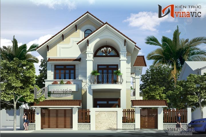 Thiết kế nhà 2 tầng hình chữ nhật 5 phòng ngủ mái thái đẹp mắt