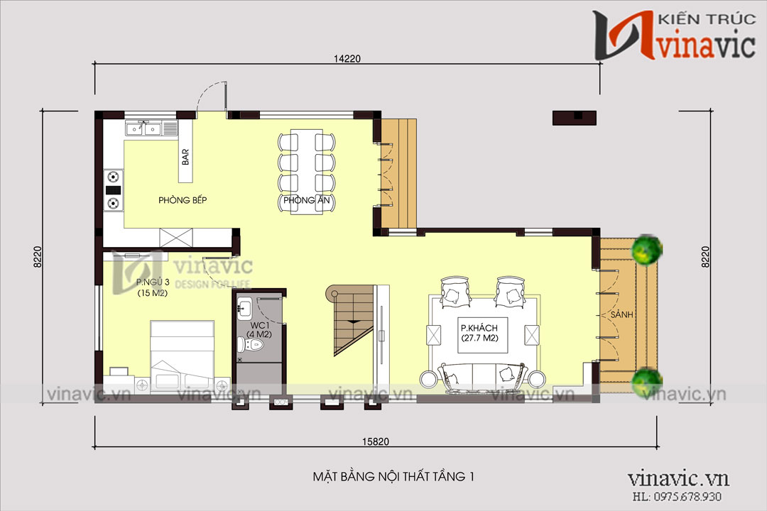 Mặt bằng nội thất tầng 1 gồm 1 phòng khách, 1 phòng bếp+ ăn, 1 phòng ngủ, 1 phòng WC