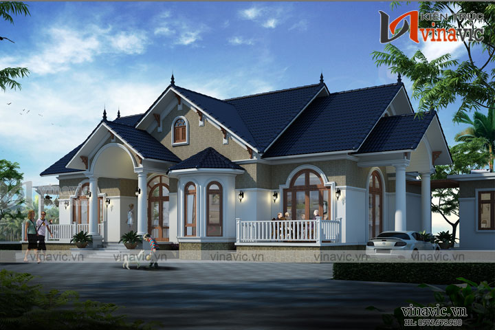 Thiết kế biệt thự vườn 1 tầng 4 phòng ngủ tân cổ điển đặc trung
