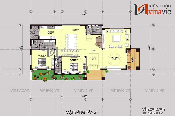 Mặt bằng tầng 1 gồm có phòng khách, phòng bếp+ăn, 2 phòng ngủ rộng rãi, tiện nghi