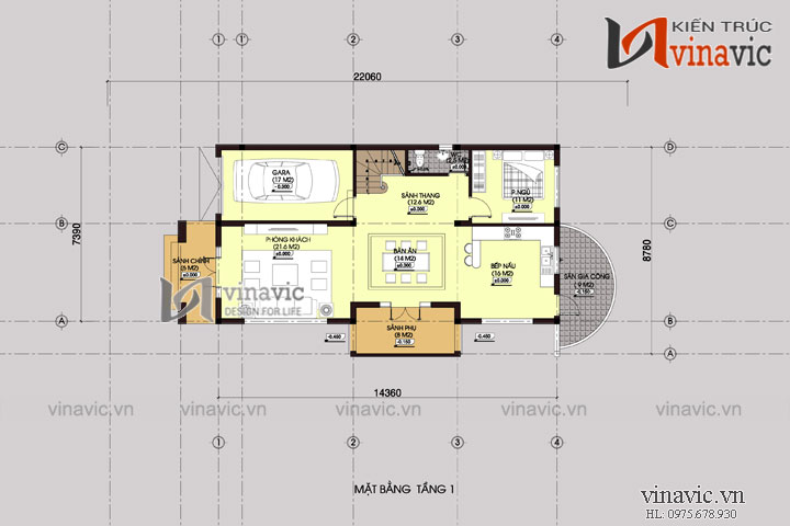Mặt bằng tầng 1 Mẫu nhà 4 tầng 110m2 mặt tiền rộng 7m thiết kế tân cổ điển BT1500