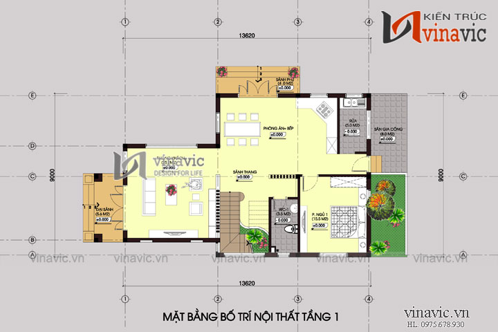 Mặt bằng tầng 1 Biệt thự 120m2 5 phòng ngủ 3 tầng 1 P.Khách, 1 P.Bếp ăn, 2 P.WC BT1487