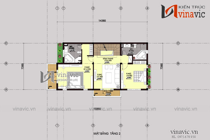 Mặt bằng tầng 2 Mẫu nhà 4 tầng 110m2 mặt tiền rộng 7m thiết kế tân cổ điển BT1500