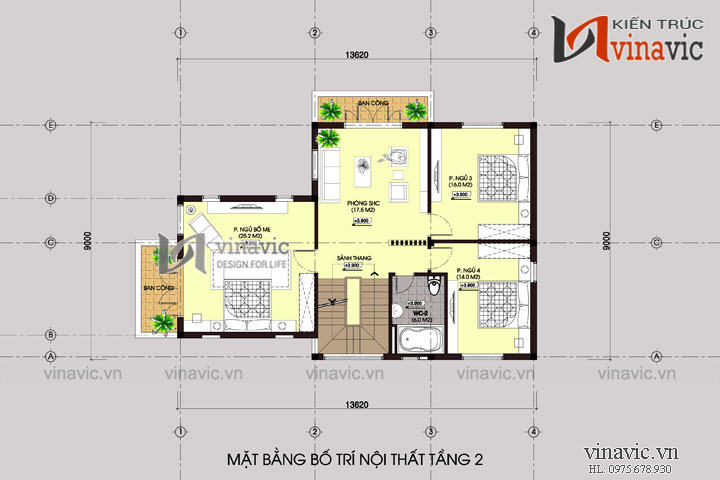 Mặt bằng tầng 2 Biệt thự 120m2 5 phòng ngủ 3 tầng 1 P.Khách, 1 P.Bếp ăn, 2 P.WC BT1487