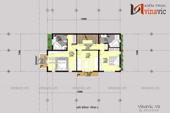 Mặt bằng tầng 3 Mẫu nhà 4 tầng 110m2 mặt tiền rộng 7m thiết kế tân cổ điển BT1500