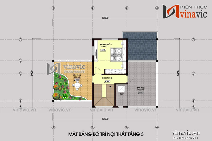 Mặt bằng tầng 3 Biệt thự 120m2 5 phòng ngủ 3 tầng 1 P.Khách, 1 P.Bếp ăn, 2 P.WC BT1487