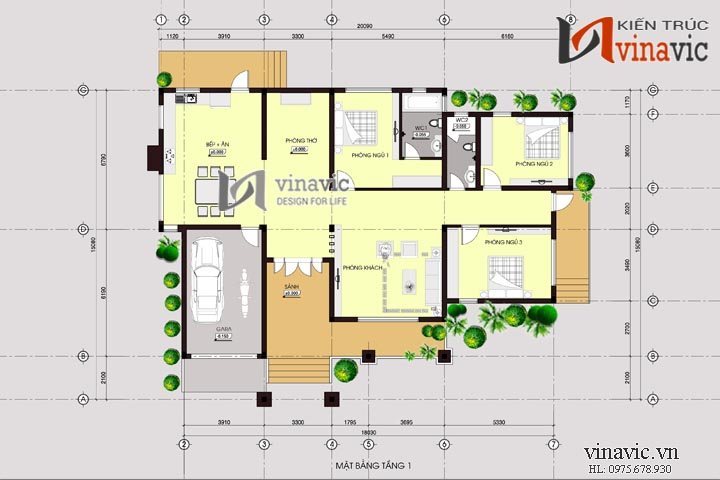 Mặt bằng bố trí công năng mẫu thiết kế nhà biệt thự đẹp 1 tầng BT1491