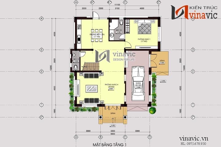 Mặt bằng tầng 1 Mẫu thiết kế nhà 2 tầng hình chữ l