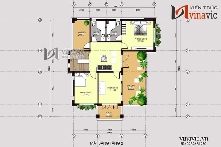 Mặt bằng tầng 2 Mẫu thiết kế nhà 2 tầng hình chữ l