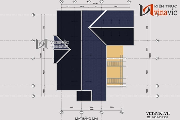 Mặt bằng mái Mẫu thiết kế nhà 2 tầng hình chữ l