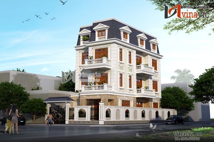 Mẫu nhà 4 tầng 110m2 mặt tiền rộng 7m thiết kế tân cổ điển BT1500