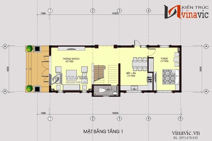 Mặt bằng tầng 1 mẫu thiết kế nhà ống đẹp 3 tầng NO1446