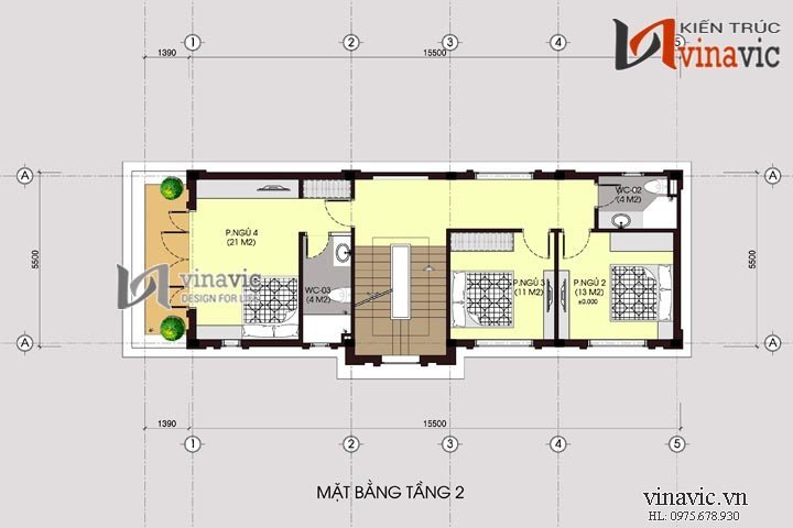Mặt bằng tầng 2 mẫu thiết kế nhà ống đẹp 3 tầng NO1446