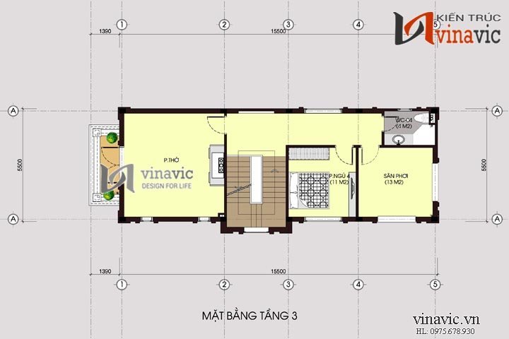 Mặt bằng tầng 3 mẫu thiết kế nhà ống đẹp 3 tầng NO1446