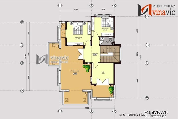 Mặt bằng tầng 2 Mẫu nhà 2 tầng 4 phòng ngủ BT1490 