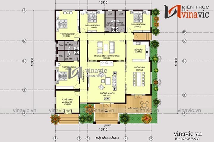 Mặt bằng công năng mẫu thiết kế nhà biệt thự vườn 1 tầng